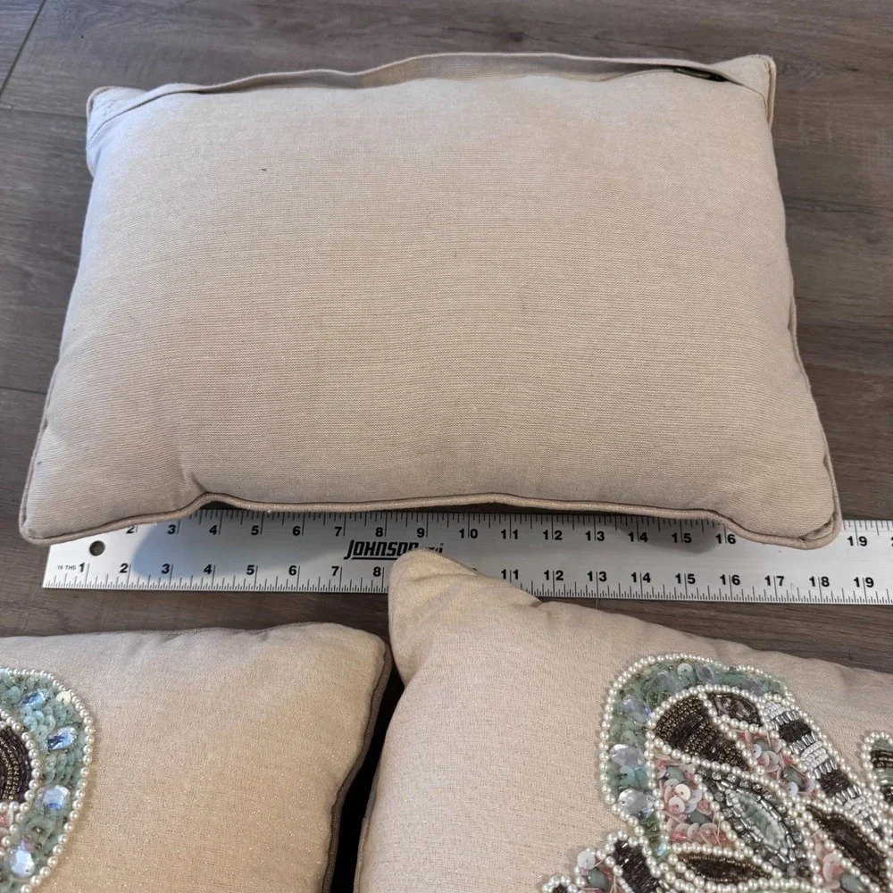 Pier 1 Butterfly Throw Pillows Set Beaded Sequins Beige Fairy Cottagecore Garden
